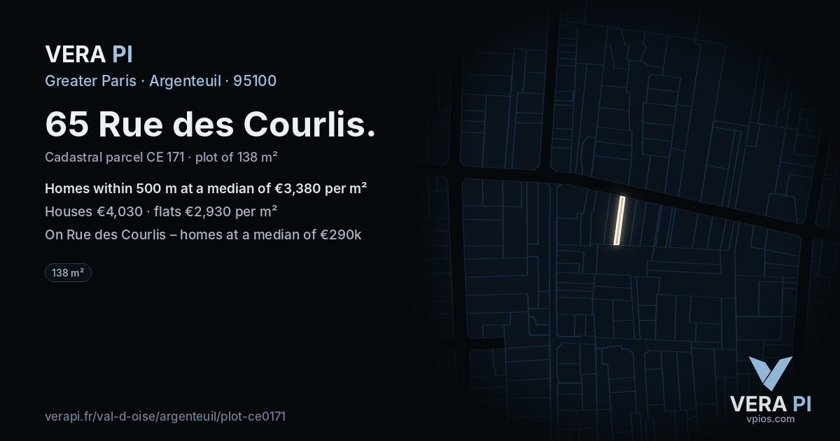 65 Rue des Courlis, Argenteuil at night – the plot lit, the parcels around coloured by the prices near them