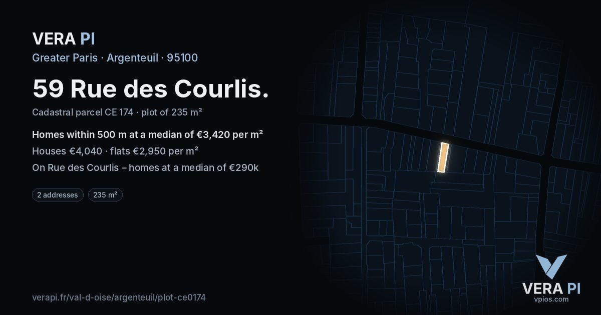 59 Rue des Courlis, Argenteuil at night – the plot lit, the parcels around coloured by the prices near them