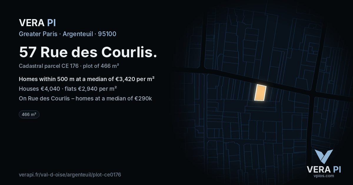 57 Rue des Courlis, Argenteuil at night – the plot lit, the parcels around coloured by the prices near them