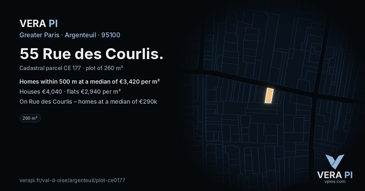 55 Rue des Courlis, Argenteuil at night – the plot lit, the parcels around coloured by the prices near them