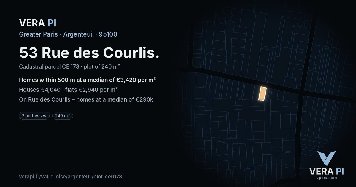 53 Rue des Courlis, Argenteuil at night – the plot lit, the parcels around coloured by the prices near them