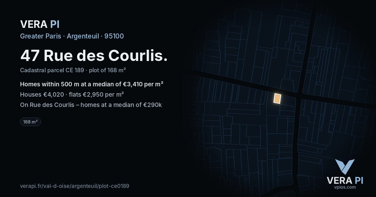 47 Rue des Courlis, Argenteuil at night – the plot lit, the parcels around coloured by the prices near them