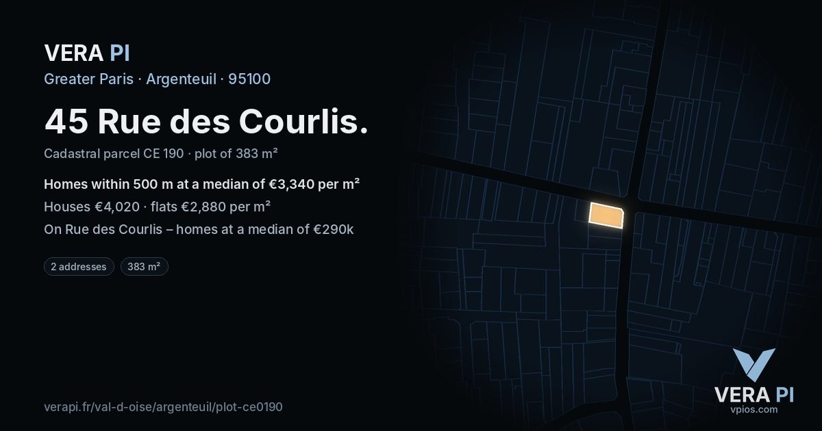 45 Rue des Courlis, Argenteuil at night – the plot lit, the parcels around coloured by the prices near them