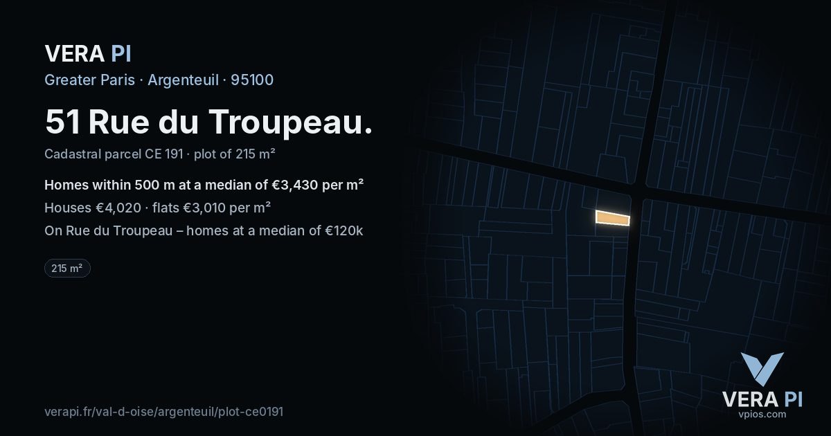 51 Rue du Troupeau, Argenteuil at night – the plot lit, the parcels around coloured by the prices near them
