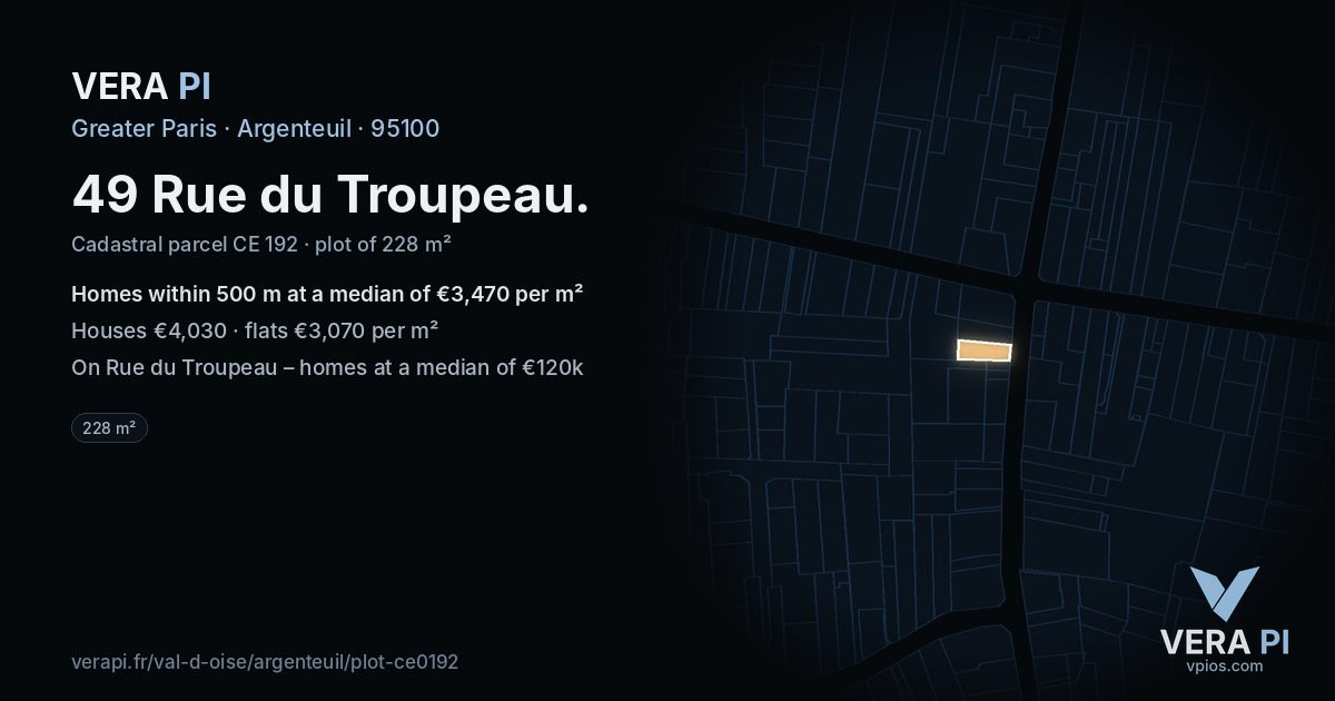 49 Rue du Troupeau, Argenteuil at night – the plot lit, the parcels around coloured by the prices near them