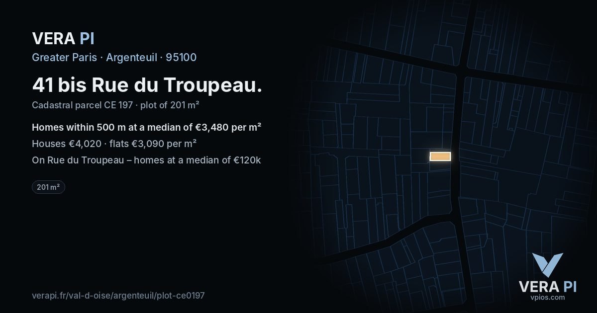 41 bis Rue du Troupeau, Argenteuil at night – the plot lit, the parcels around coloured by the prices near them