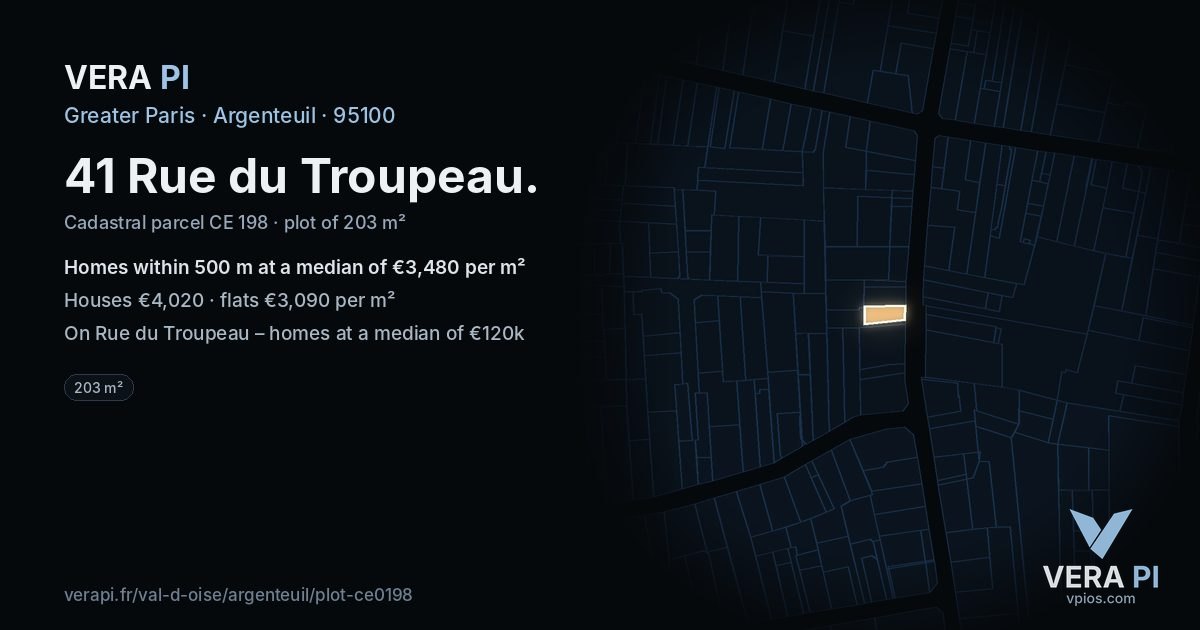 41 Rue du Troupeau, Argenteuil at night – the plot lit, the parcels around coloured by the prices near them
