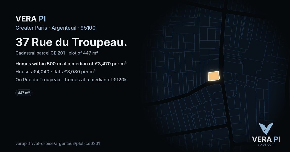 37 Rue du Troupeau, Argenteuil at night – the plot lit, the parcels around coloured by the prices near them