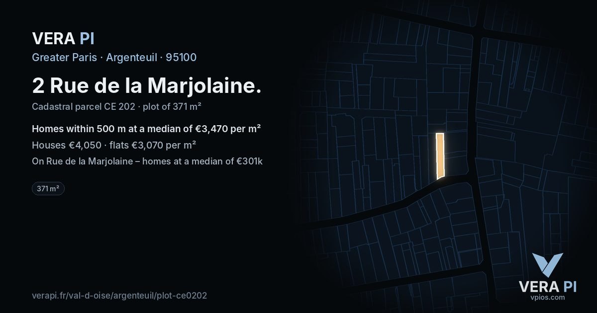 2 Rue de la Marjolaine, Argenteuil at night – the plot lit, the parcels around coloured by the prices near them