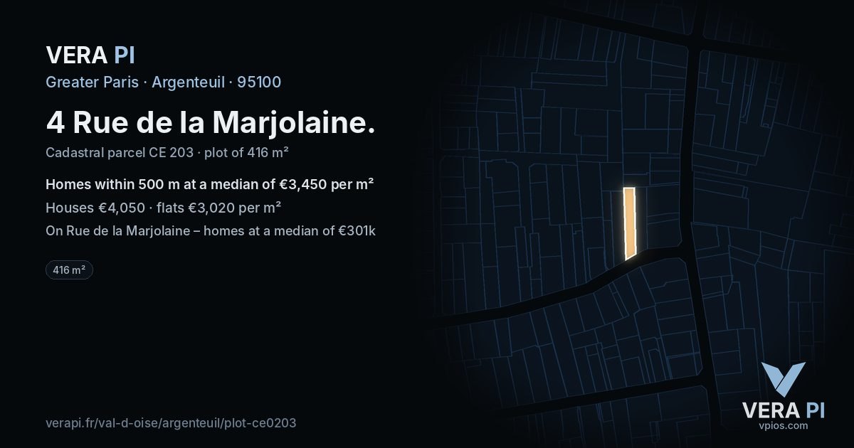 4 Rue de la Marjolaine, Argenteuil at night – the plot lit, the parcels around coloured by the prices near them