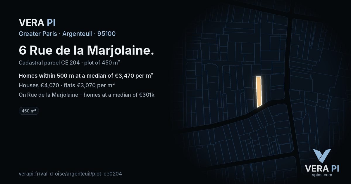 6 Rue de la Marjolaine, Argenteuil at night – the plot lit, the parcels around coloured by the prices near them