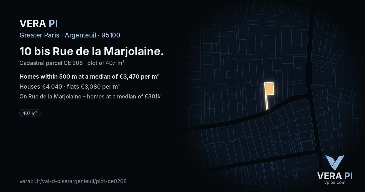 10 bis Rue de la Marjolaine, Argenteuil at night – the plot lit, the parcels around coloured by the prices near them