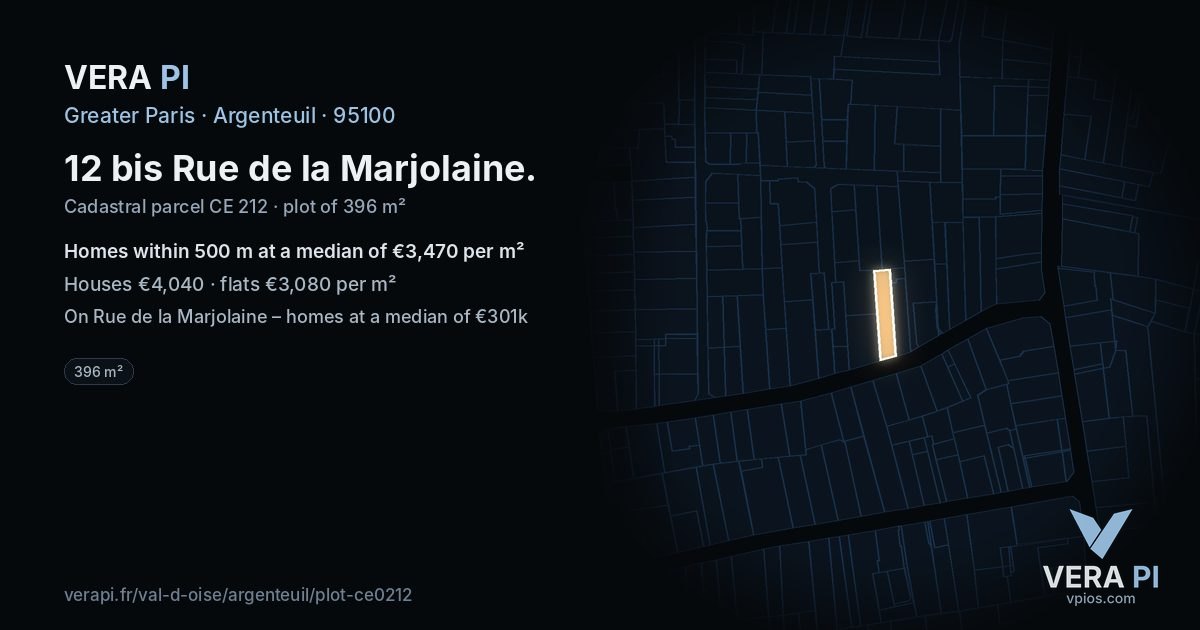 12 bis Rue de la Marjolaine, Argenteuil at night – the plot lit, the parcels around coloured by the prices near them