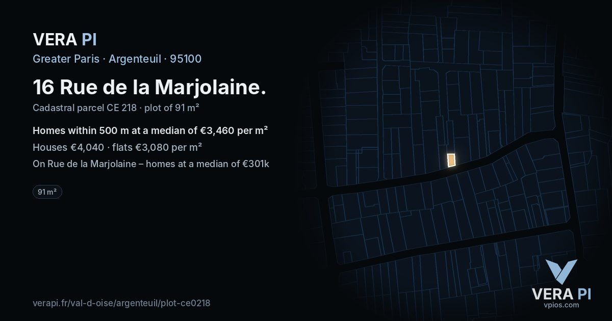 16 Rue de la Marjolaine, Argenteuil at night – the plot lit, the parcels around coloured by the prices near them