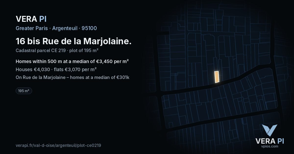 16 bis Rue de la Marjolaine, Argenteuil at night – the plot lit, the parcels around coloured by the prices near them