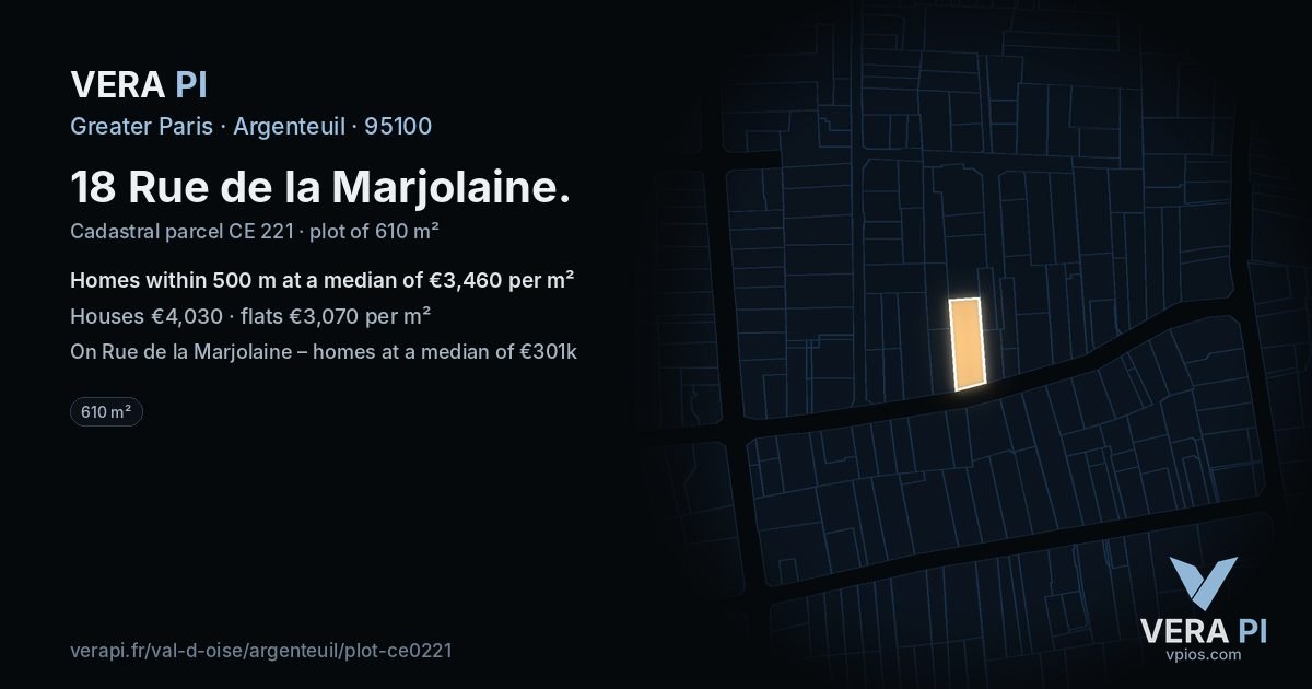 18 Rue de la Marjolaine, Argenteuil at night – the plot lit, the parcels around coloured by the prices near them
