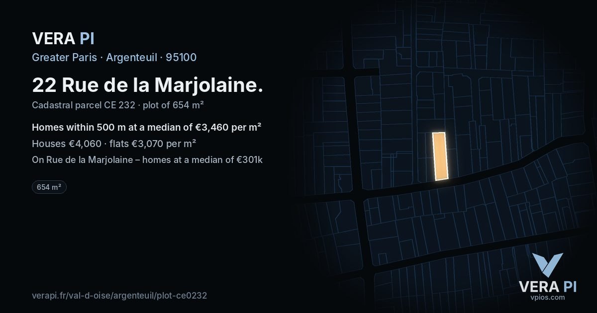 22 Rue de la Marjolaine, Argenteuil at night – the plot lit, the parcels around coloured by the prices near them