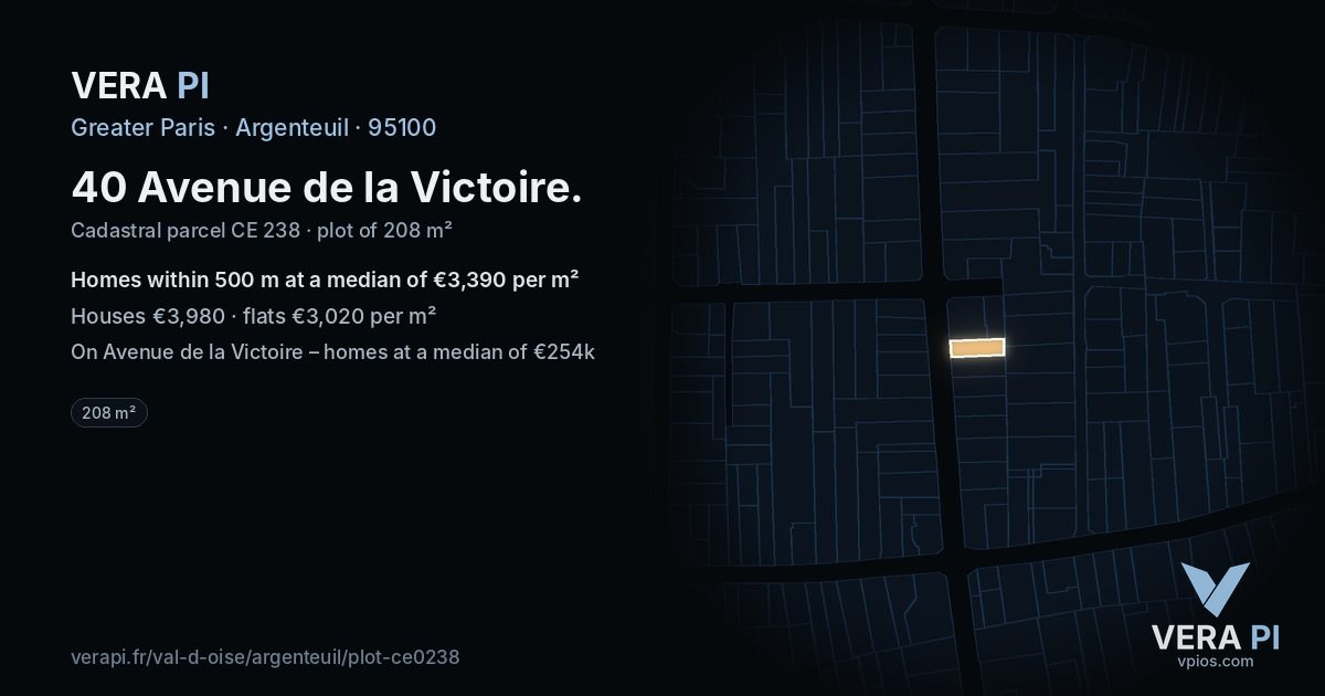 40 Avenue de la Victoire, Argenteuil at night – the plot lit, the parcels around coloured by the prices near them