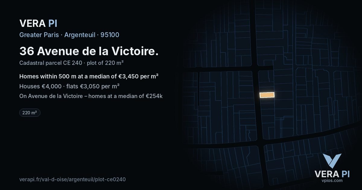 36 Avenue de la Victoire, Argenteuil at night – the plot lit, the parcels around coloured by the prices near them