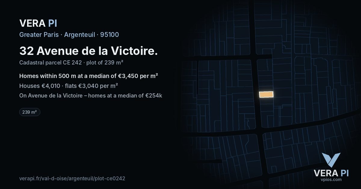 32 Avenue de la Victoire, Argenteuil at night – the plot lit, the parcels around coloured by the prices near them