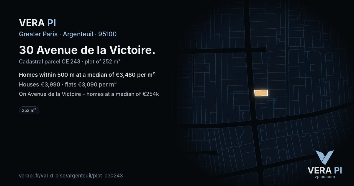 30 Avenue de la Victoire, Argenteuil at night – the plot lit, the parcels around coloured by the prices near them