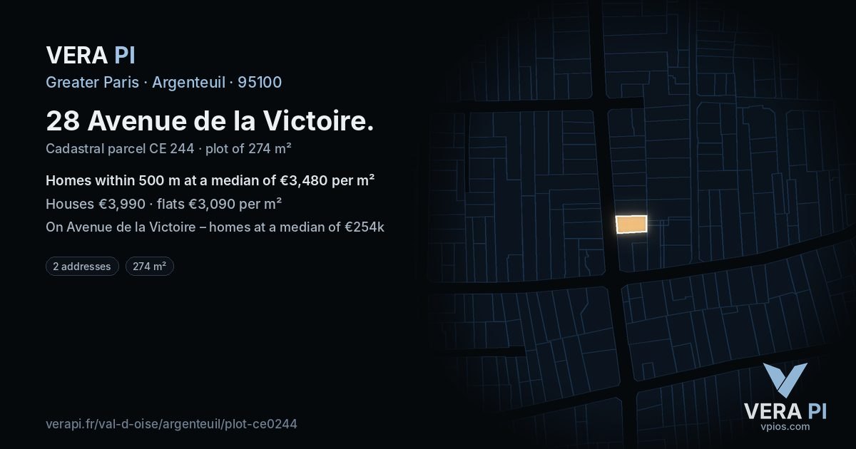 28 Avenue de la Victoire, Argenteuil at night – the plot lit, the parcels around coloured by the prices near them
