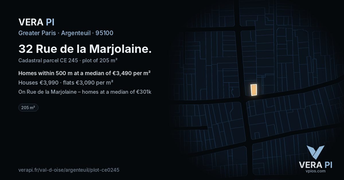 32 Rue de la Marjolaine, Argenteuil at night – the plot lit, the parcels around coloured by the prices near them