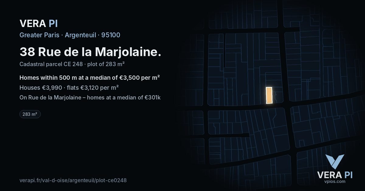 38 Rue de la Marjolaine, Argenteuil at night – the plot lit, the parcels around coloured by the prices near them