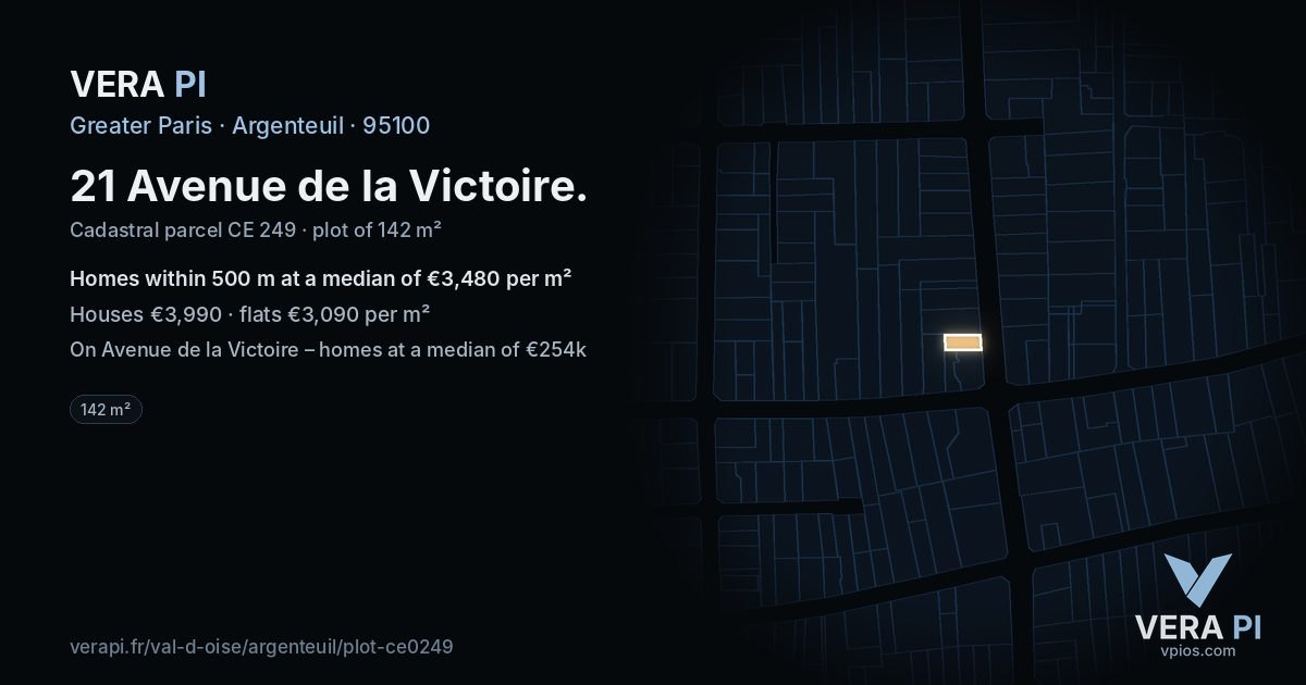 21 Avenue de la Victoire, Argenteuil at night – the plot lit, the parcels around coloured by the prices near them