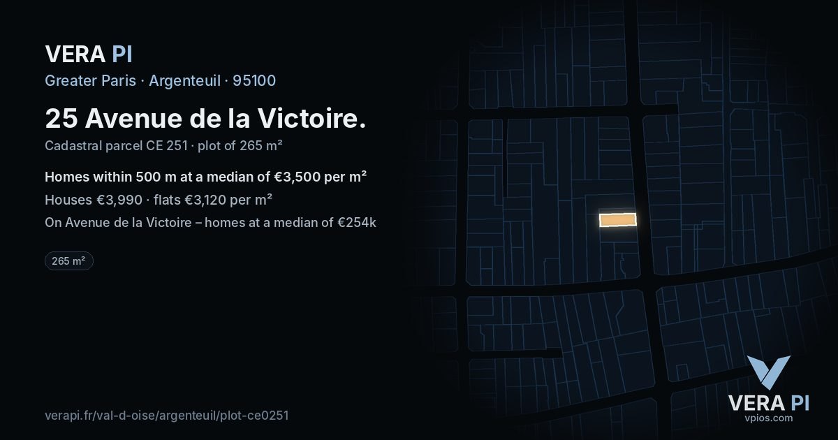 25 Avenue de la Victoire, Argenteuil at night – the plot lit, the parcels around coloured by the prices near them