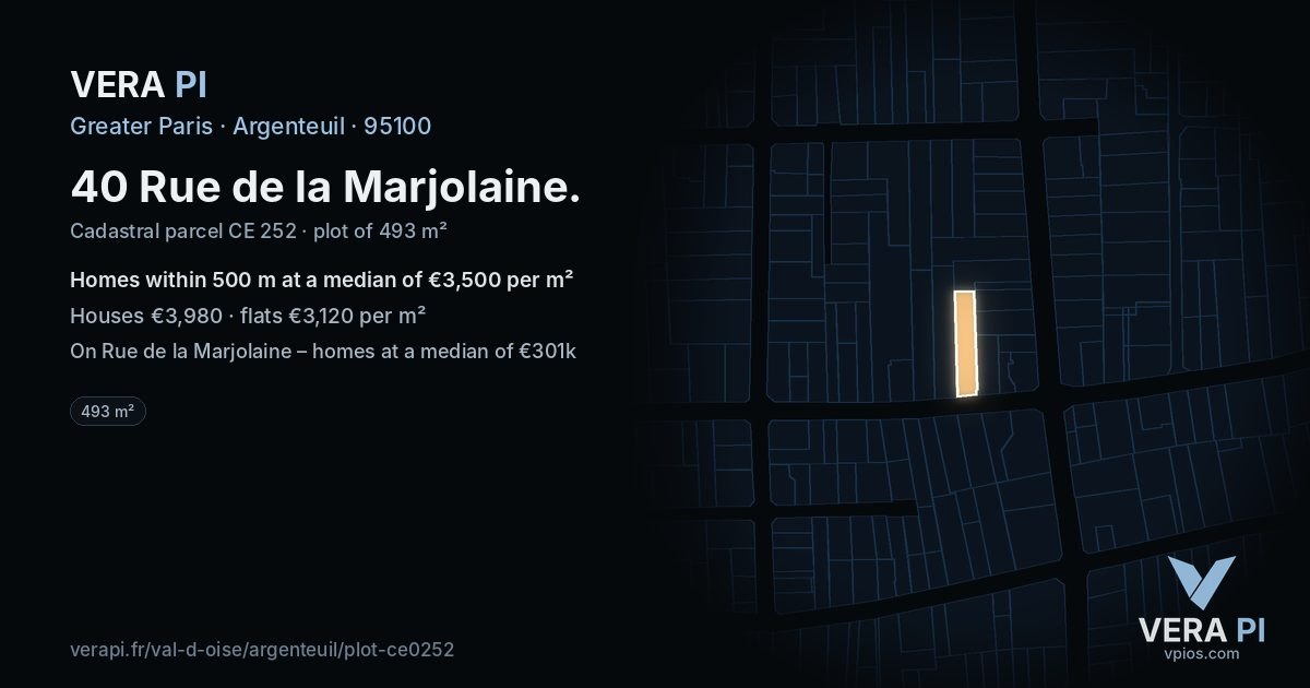 40 Rue de la Marjolaine, Argenteuil at night – the plot lit, the parcels around coloured by the prices near them