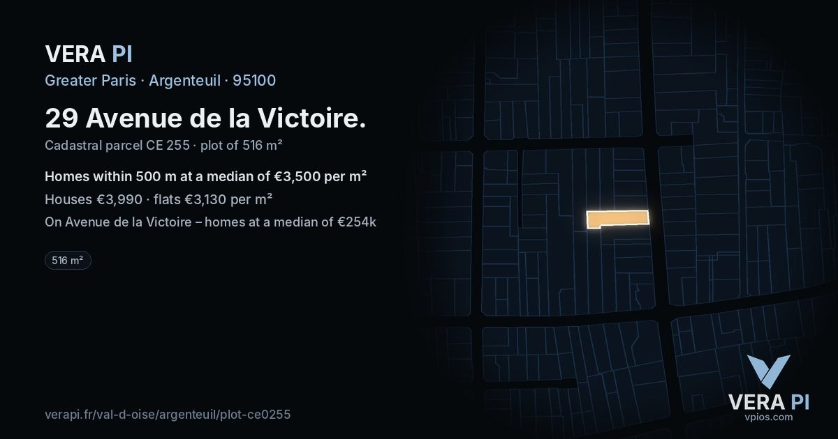 29 Avenue de la Victoire, Argenteuil at night – the plot lit, the parcels around coloured by the prices near them
