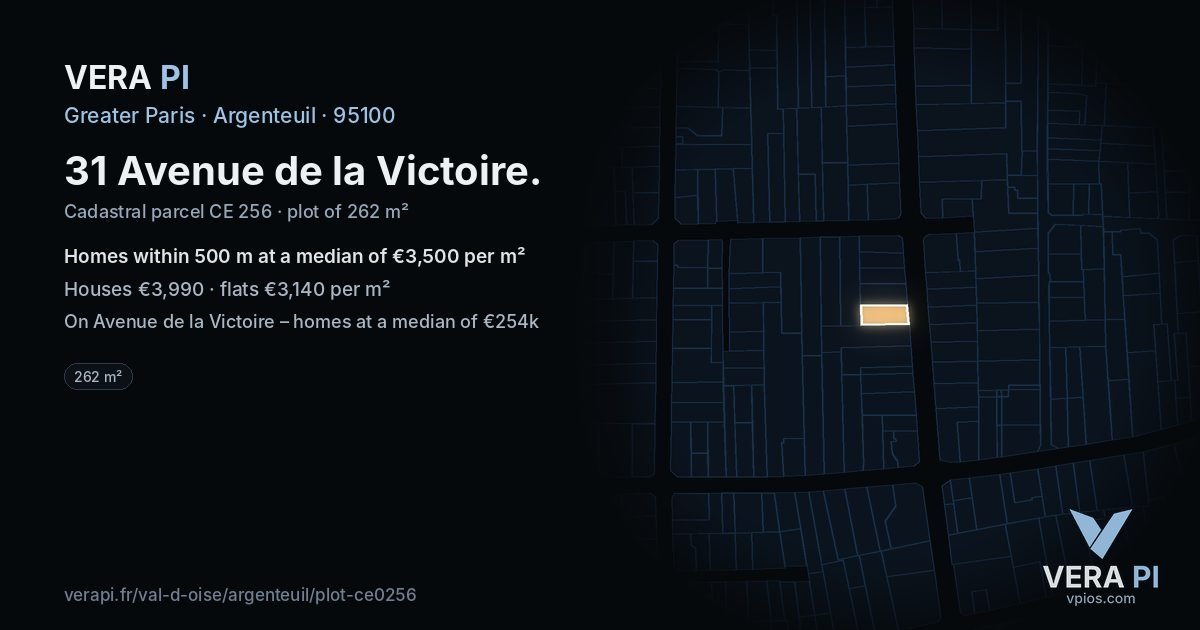 31 Avenue de la Victoire, Argenteuil at night – the plot lit, the parcels around coloured by the prices near them