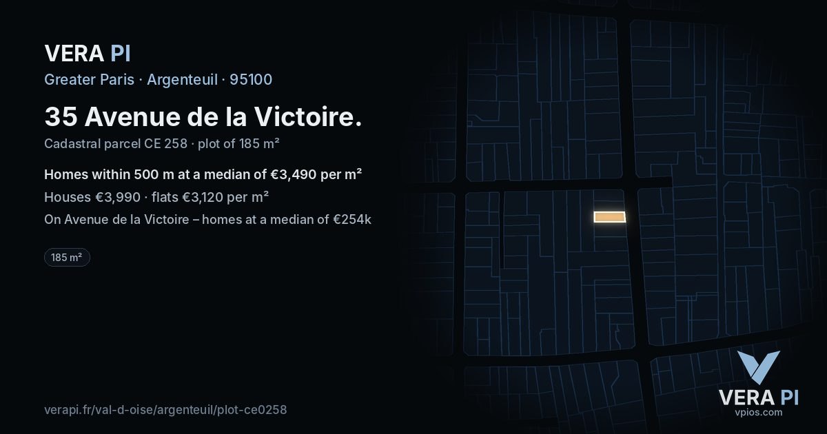 35 Avenue de la Victoire, Argenteuil at night – the plot lit, the parcels around coloured by the prices near them