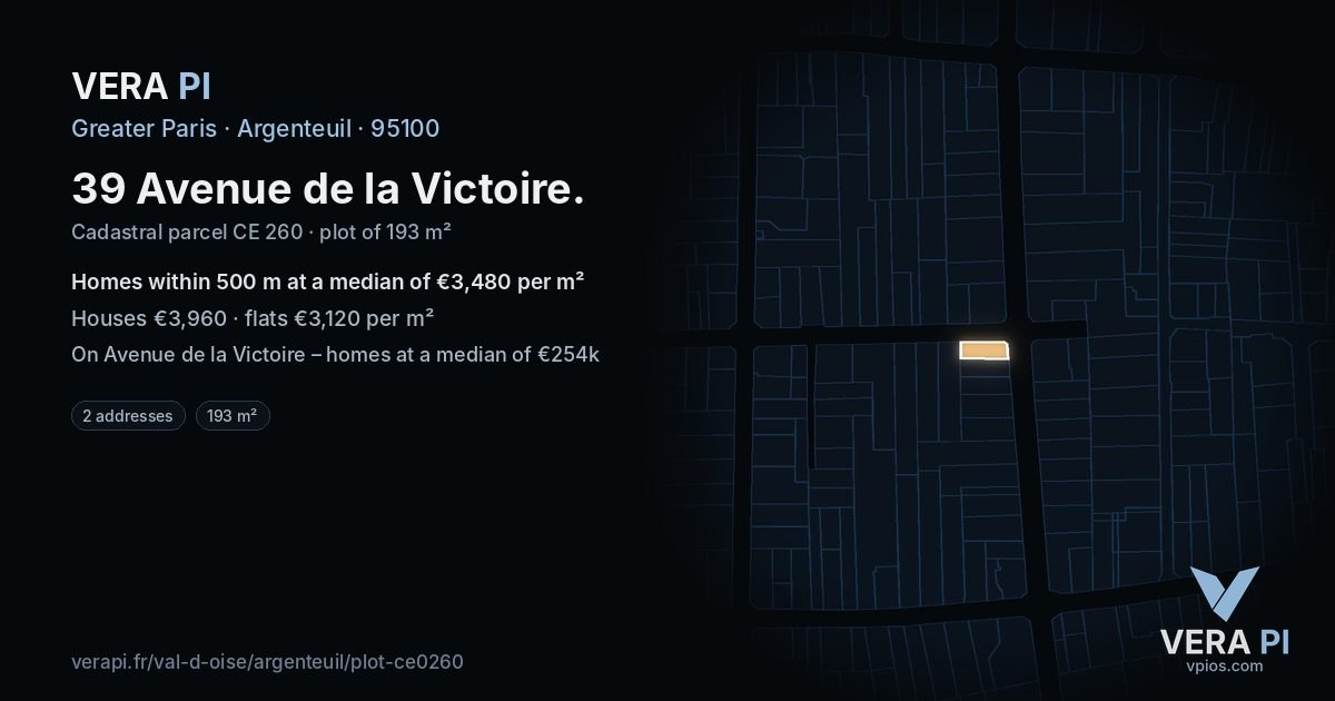 39 Avenue de la Victoire, Argenteuil at night – the plot lit, the parcels around coloured by the prices near them