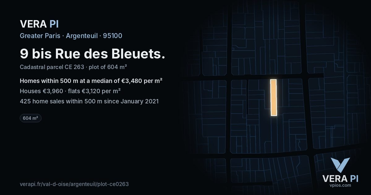 9 bis Rue des Bleuets, Argenteuil at night – the plot lit, the parcels around coloured by the prices near them