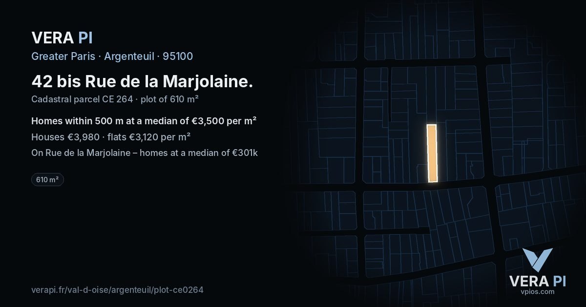 42 bis Rue de la Marjolaine, Argenteuil at night – the plot lit, the parcels around coloured by the prices near them