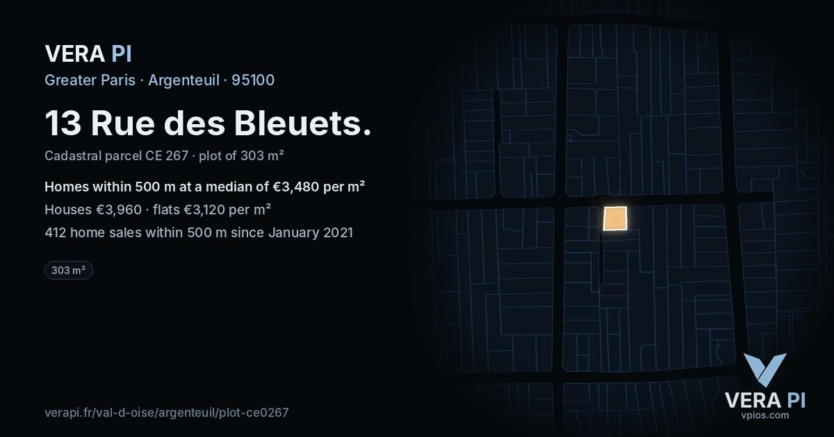 13 Rue des Bleuets, Argenteuil at night – the plot lit, the parcels around coloured by the prices near them