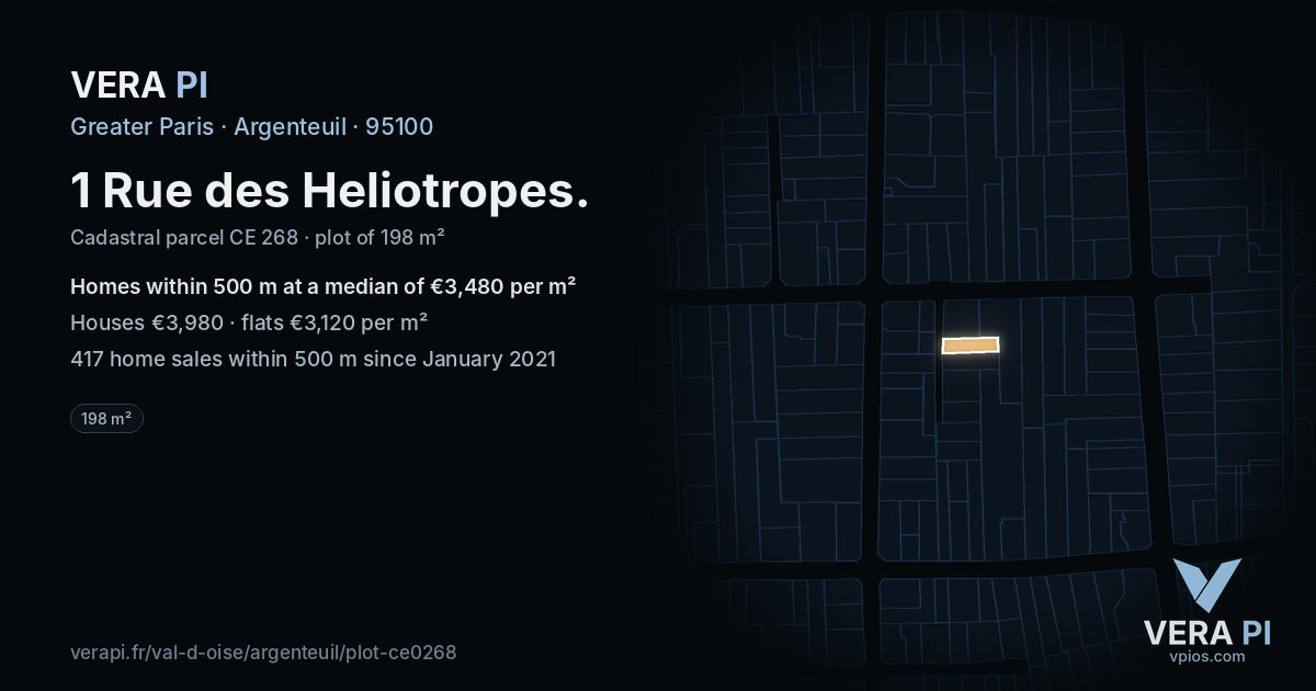 1 Rue des Heliotropes, Argenteuil at night – the plot lit, the parcels around coloured by the prices near them
