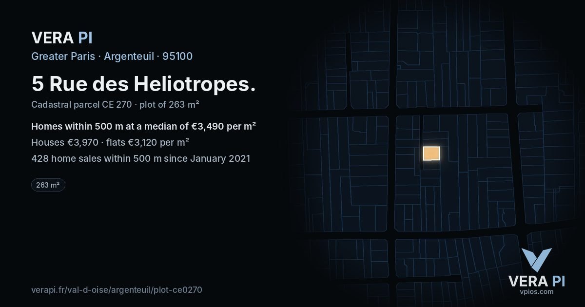 5 Rue des Heliotropes, Argenteuil at night – the plot lit, the parcels around coloured by the prices near them