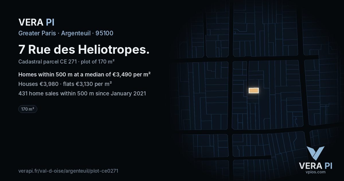 7 Rue des Heliotropes, Argenteuil at night – the plot lit, the parcels around coloured by the prices near them