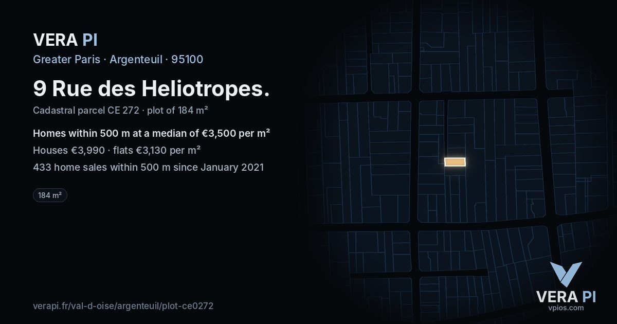 9 Rue des Heliotropes, Argenteuil at night – the plot lit, the parcels around coloured by the prices near them