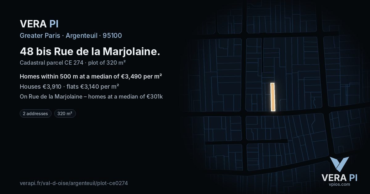 48 bis Rue de la Marjolaine, Argenteuil at night – the plot lit, the parcels around coloured by the prices near them