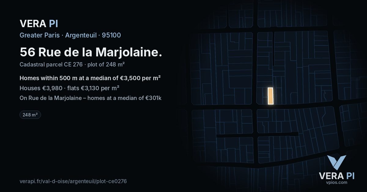 56 Rue de la Marjolaine, Argenteuil at night – the plot lit, the parcels around coloured by the prices near them