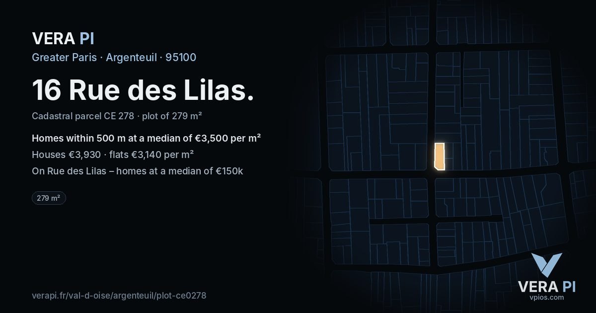 16 Rue des Lilas, Argenteuil at night – the plot lit, the parcels around coloured by the prices near them