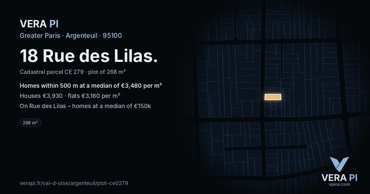 18 Rue des Lilas, Argenteuil at night – the plot lit, the parcels around coloured by the prices near them