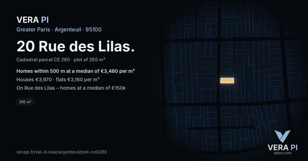 20 Rue des Lilas, Argenteuil at night – the plot lit, the parcels around coloured by the prices near them