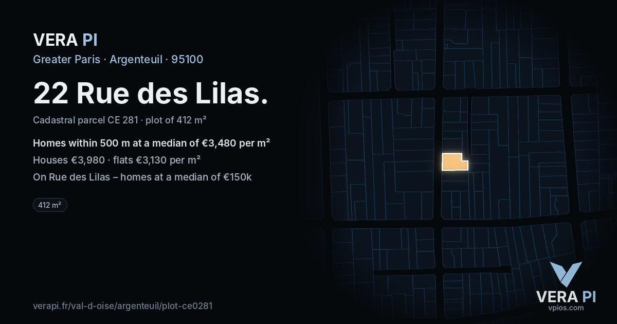 22 Rue des Lilas, Argenteuil at night – the plot lit, the parcels around coloured by the prices near them