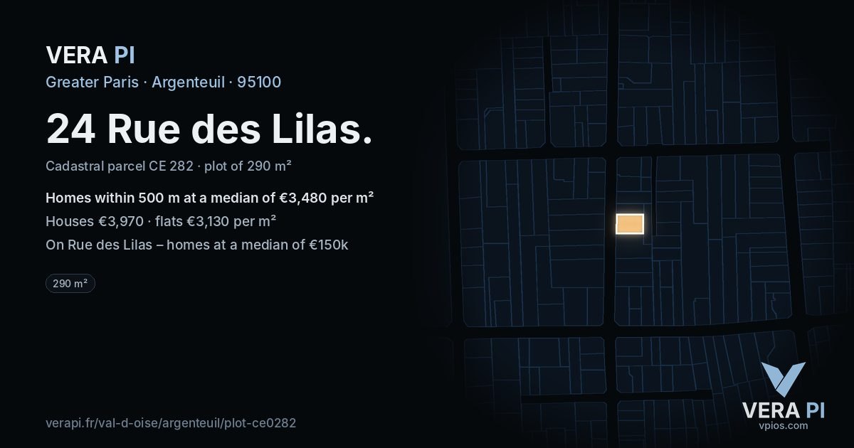 24 Rue des Lilas, Argenteuil at night – the plot lit, the parcels around coloured by the prices near them