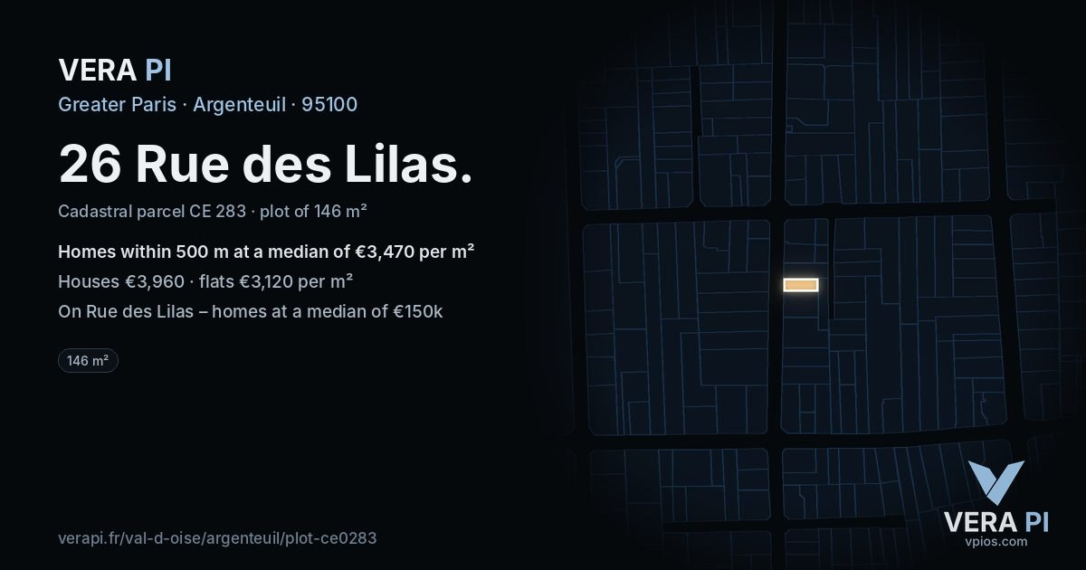 26 Rue des Lilas, Argenteuil at night – the plot lit, the parcels around coloured by the prices near them